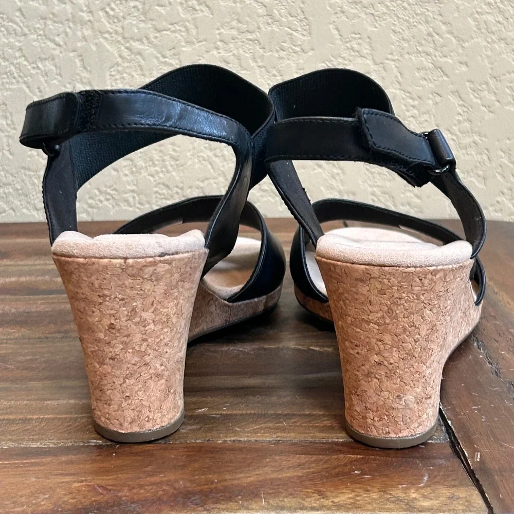 Clarks Lafley‎ Lily Wedge Sandals Women 10 Black Leather Comfort New